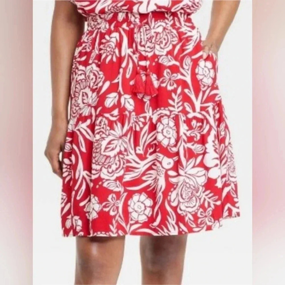 Knox Rose Skirt Red White Tropical Floral Rayon Drawstring Waist Sz. XL NWT - Picture 1 of 10
